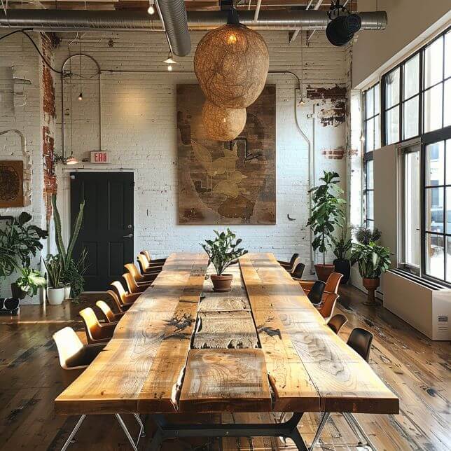 Conference Table in large open space surrounded by plants